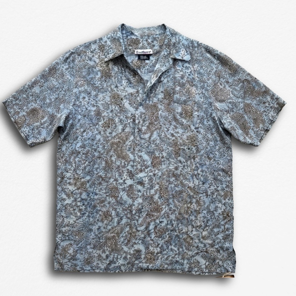 Firethorn Silk Mens L Blue Brown Floral Paisley Short Sleeve Button Down Shirt